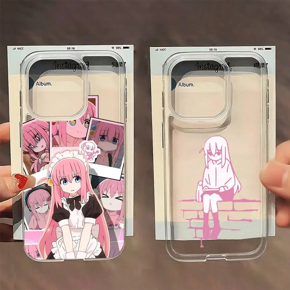 B-Bocchi the Rock Hitori Goto Phone Case For iPhone 16,15,14,13,12,11 Pro,Max,Plus,X,XS,XR,SE,Mini Transparent Silicone Soft