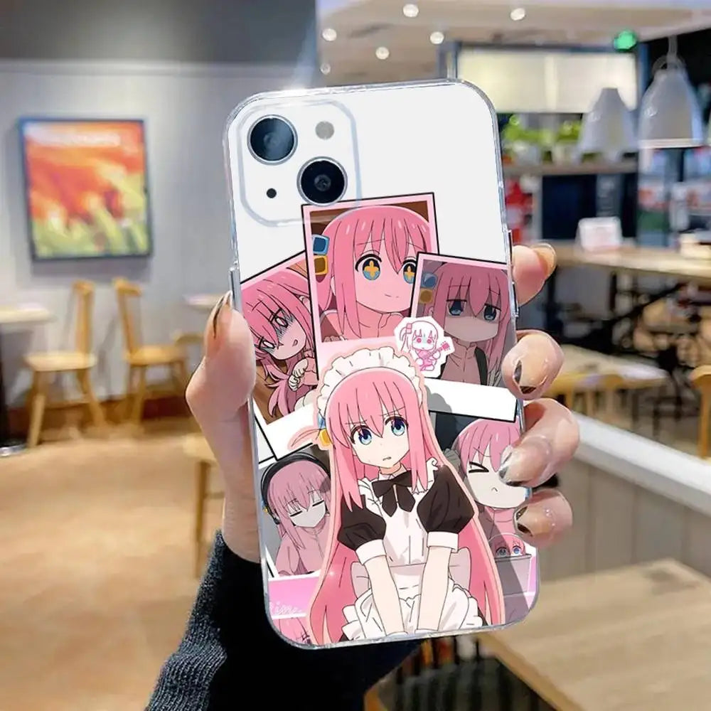 B-Bocchi the Rock Hitori Goto Phone Case For iPhone 16,15,14,13,12,11 Pro,Max,Plus,X,XS,XR,SE,Mini Transparent Silicone Soft